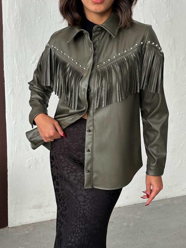 F 2043 DROPLU PÜSKÜLLÜ SUNİ DERİ GÖMLEK - HAKİ